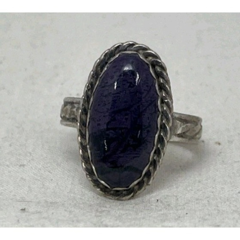 Vintage Sterling Silver signed PP Purple Cabochon Oval Ring Rope Bezel Size 8